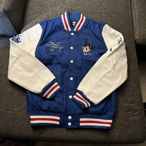 BAIT Astro Boy Varsity Jacket Mens Large Blue Wool Leather Anime Graphic Back